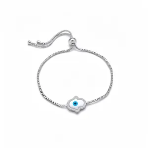 Bracelet Bolo Réglable Mauvais Œil Main de Fatma Zirconia Coquillage Cuivre Plaqué Argent Bijoux de Mode Femme Cadeau