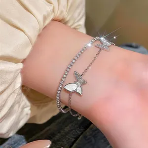 French Style Butterfly Double Layer Bracelet For Women Alloy Zirconia Tennis Chain Dainty Butterfly Pendant Hand Jewelry Fashion Gift