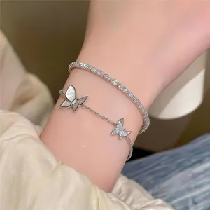 Franse Stijl Vlinder Dubbellaagse Armband Voor Vrouwen Legering Zirconia Tennis Ketting Sierlijke Vlinder Hanger Hand Sieraden Mode Cadeau