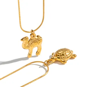 Gold stainless steel necklace featuring turtle and camel animal shaped pendants.