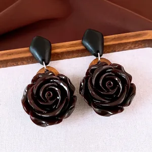 Pendientes Colgantes de Flor de Resina y Madera Vintage Con Poste de Plata Joyería Floral Hecha a Mano para Mujer Estilo Retro