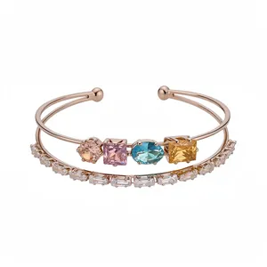 Bracciale Rigido Aperto a Doppio Strato Placcato Oro 18k Rame Zirconia Braccialetto Elegante Lusso Gioielli di Alta Gamma Donna