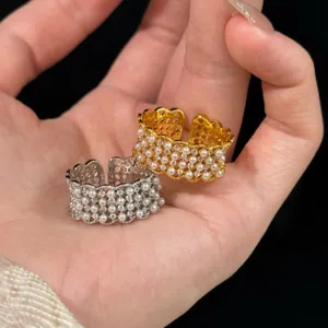 18K Gold Plated Hollow Lace Open Ring With Artificial Pearl Rhinestone For Women Vintage Light Luxury Jewelry Gift
