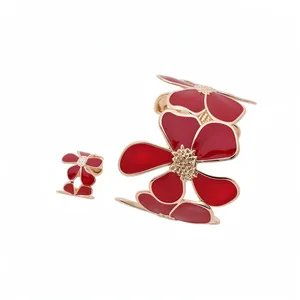 Mode Emaille Plissierte Blume Offener Ring Und Armreif Set Vergoldet Anspruchsvolle Blumenschmuck Für Damen Party Geschenk