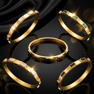 Luxus Edelstahl Armreif Für Damen Geometrische Rechteckige Strass Verzierung Gold Silber Überzogener Schmuck Geschenk
