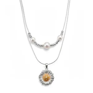 Zirkonia Blume Künstliche Perle Halskette Doppelschichtige Kupfer Gänseblümchen Anhänger Schlüsselbeinkette Süßer Blumenschmuck Für Damen