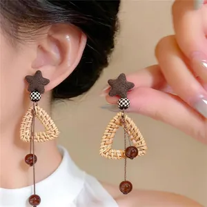 Boucles d'Oreilles Clous Triangulaires Tissées en Rotin Vintage pour Femmes Étoile Damier Perle Bohème Mode Bijoux en Bois Cadeau