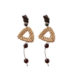Vintage Rotan Geweven Driehoek Hanger Oorknopjes Voor Vrouwen Ster Schaakbord Kraal Boheems Mode Hout Oorbellen Sieraden Cadeau