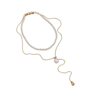 Ensemble de Colliers Pendentif Perle Artificielle Luxe Français 2 Pièces Chaîne en Cuivre Plaqué Or Argent pour Femme Bijoux