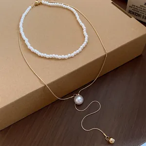 Ensemble de colliers double rang style français avec perles blanches et pendentif chaîne serpent