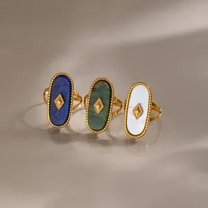 Vintage Oval Naturstein Edelstahl 18K Vergoldet Offener Ring Für Damen Böhmischer Geometrischer Fingerring Verstellbar Schmuck