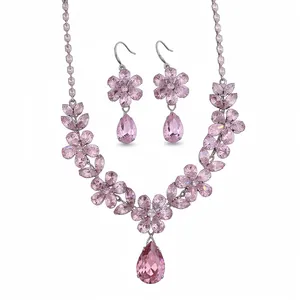 Sweet Alloy Zirconia Flower Water Drop Pendant Necklace And Earrings Light Luxury Fashion Jewelry For Women Party Wedding Gift