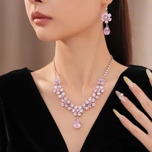 Elegant jewelry set with pink zircon flower charms and teardrop necklace pendant for women
