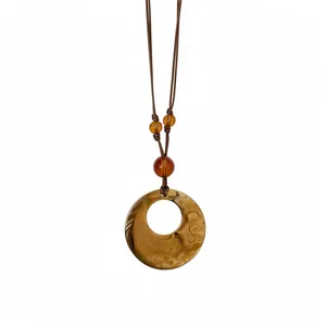 Retro Acrylic Round Pendant Necklace Long Leather Rope Sweater Chain Vintage Geometric Amber Necklace For Women Jewelry