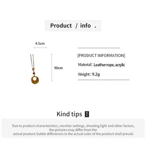 Detailed specifications for acrylic round pendant necklace with a 90cm long leather rope