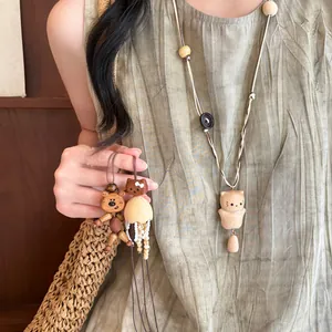 Retro Wooden Cat Pendant Necklace Ethnic Style Long Sweater Chain For Women Cute Bear Design Forest Jewelry Gift