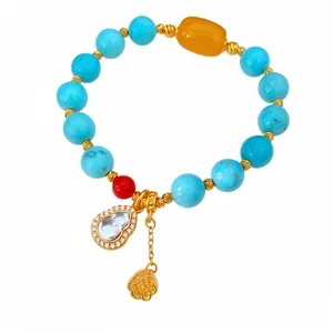 Retro 24K Vergoldet Harz Stein Perlenarmband Für Damen Vintage Hulu Kalebassen Anhänger Zirkonia Eingelegt Luxus Nischen Schmuck