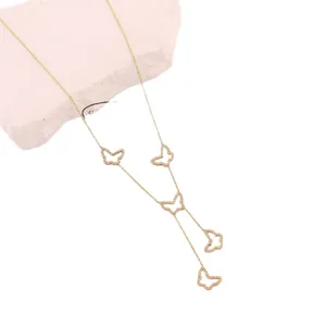 Elegant gold stainless steel butterfly necklace with five hollow rhinestone pendants.