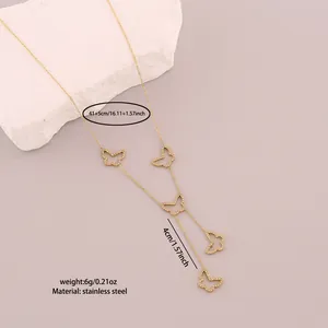 Detail view of gold stainless steel butterfly necklace with rhinestone accents and measurements