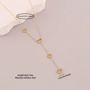 Detailed view of a gold-plated stainless steel heart tassel necklace with sizing