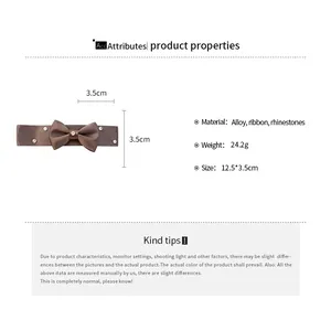 Detailed view of brown satin bow hair clip with size and material specifications