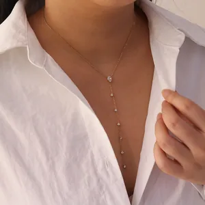 Minimalist Stainless Steel Y-Shaped Necklace For Women Gold Plated Geometric Rhinestone Pendant Clavicle Chain Daily Fashion Jewelry
