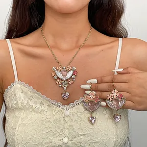 Vintage Engel Hart Hanger Halsketting Oorbellen Set Legering Koper Emaille Bloem Strass Sieraden Voor Vrouwen Cadeau