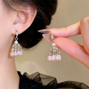 Boucles d'Oreilles Pendantes à Gland en Zirconia Style Ethnique pour Femmes Vintage Cuivre Plaqué Or Rose Perles de Verre Perle Artificielle Bijoux