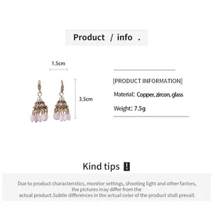 Ethnic copper earrings with zircon and pink glass tassels detail info