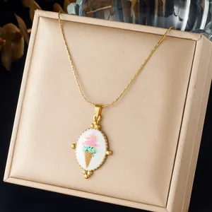 Cartoon Enamel Ice Cream Pendant Necklace 304 Stainless Steel Vacuum Gold Plated Oval Sweet Jewelry for Women Dating Daily