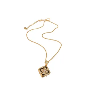 Bijoux en Zircone Plaqués Or 24K pour Femmes Fleur Émail Rouge Noir Collier Bracelet Bague Luxe Léger Vintage Accessoire Exquis