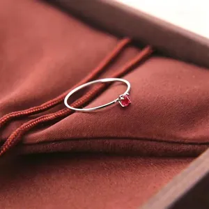 Nahaufnahme eines minimalistischen 1mm Titanstahlrings mit funkelndem rotem Zirkon