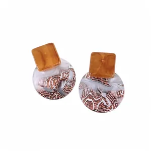 French Vintage Resin Geometric Square Round Drop Stud Earrings For Women Silver Earring Post Luxury Fashion Jewelry