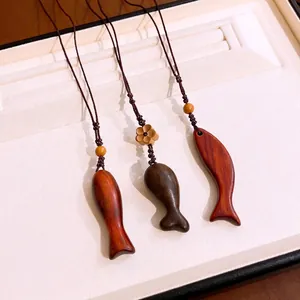 Vintage Holz Fisch Anhänger Halskette Handgefertigt Neuer Chinesischer Stil Literarisch Minimalistisch Lange Pulloverkette Damen Schmuck
