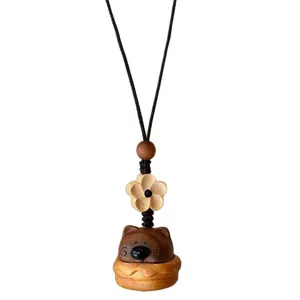 Collier vintage fait main en bois avec pendentif animal mignon et perle de fleur décorative