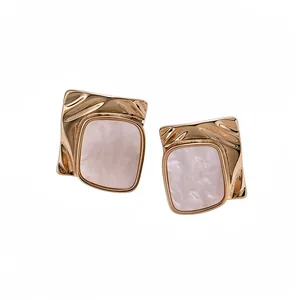 Vintage Alloy Pleated Square Stud Earrings With 925 Sterling Silver Earring Post Marble Pattern Acetate Inlay Women Jewelry