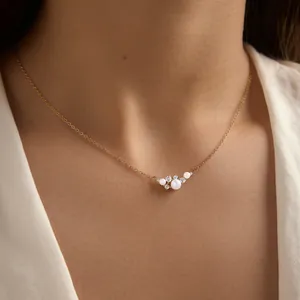 18K Gold Plated Stainless Steel Smile Pendant Necklace With Zirconia Artificial Pearl Geometric Jewelry For Women Gift