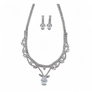 Luxury Copper Zirconia Water Drop Pendant Necklace Earrings Jewelry Set For Women Bridal Wedding Banquet Accessories
