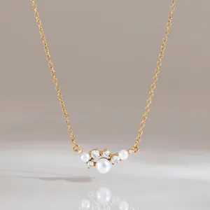 Elegant 18K gold plated stainless steel necklace with pearl and zircon smile pendant