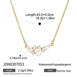 Detailed specs of 18k gold plated stainless steel pearl and zircon smile pendant necklace