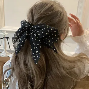 Korean Hepburn Style Large Polka Dot Chiffon Bowknot Hair Scrunchie For Women Elegant Black White Dots Ponytail Hair Tie Accessories
