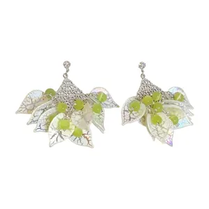 Forest Style Acrylic Petal Tassel Drop Earrings With Silver Post Cat Eye Stone Inlaid Hollow Design Rhinestone Ear Studs For Women