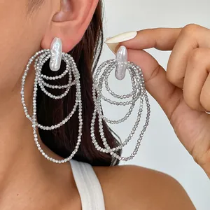 Orecchini Esagerati in Vetro e Perle Artificiali Con Nappine e Perline Per Donna Orecchini Pendenti in Lega Grigio Argento