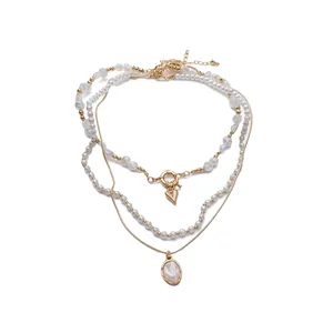 Franse Vintage Gelaagde Kunstparel Ketting Voor Vrouwen Koperlegering Hart Hanger Choker Elegante Sieraden