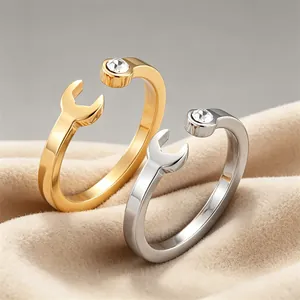Creative Wrench Shaped Stainless Steel Open Ring Gold Silver Plated Rhinestone Inlaid Adjustable Personality Finger Ring For Women Men