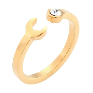 Creative gold wrench stainless steel ring with sparkling rhinestone detail open design