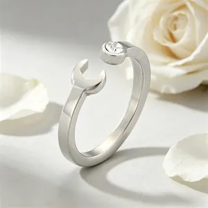 Creative wrench shaped stainless steel open ring with a sparkling crystal detail