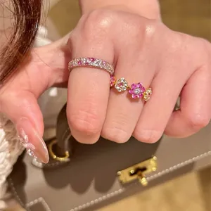 14K Vergulde Koperen Strass Bloem Open Ring Voor Dames Verstelbare Luxe Mode Sieraden Vingerring Cadeau