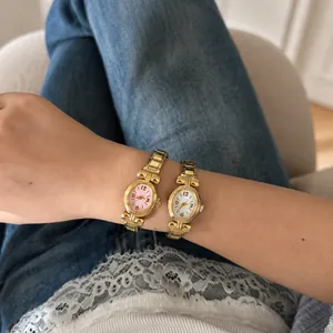 Orologio da Donna Stile Francese Vintage Oro Acciaio Inossidabile Piccolo Quadrante Rotondo Ovale Retro Elegante Lusso Bracciale Gioielli Mano