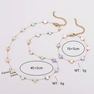 Detail of dopamine style shell flower necklace and bracelet set with size specifications
